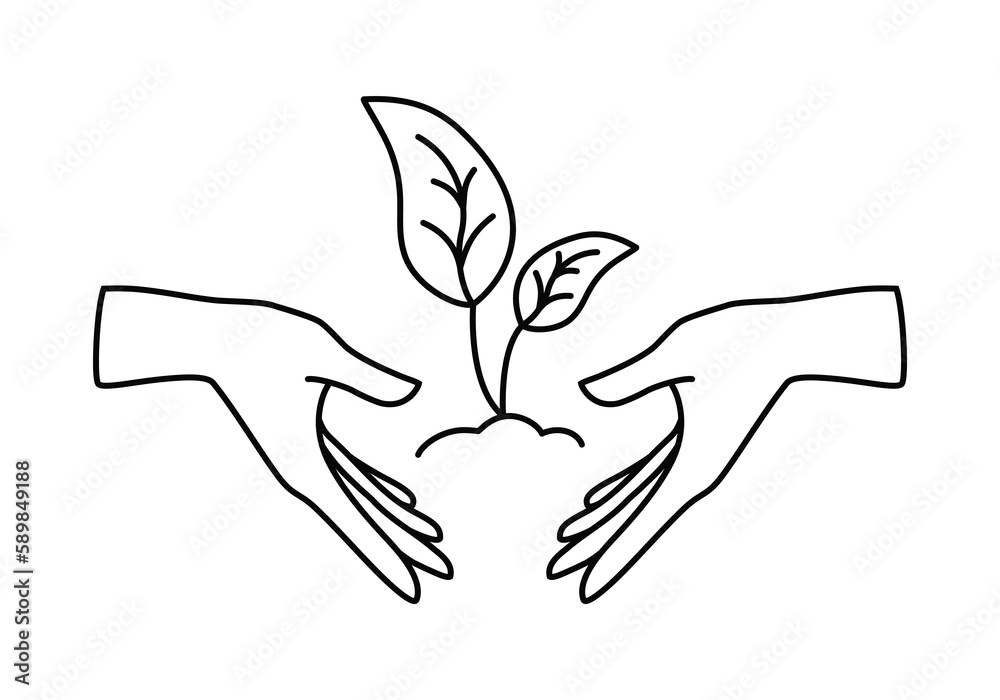 Vector linear icon - human hand holding growing plant isolated on white background. Concept emblem or logo design of ecology, eco friendly, green world, recycling. Editable stroke Vector linear icon - human hand holding growing plant isolated on white background. Concept emblem or logo design of ecology, eco friendly, green world, recycling. Editable stroke
