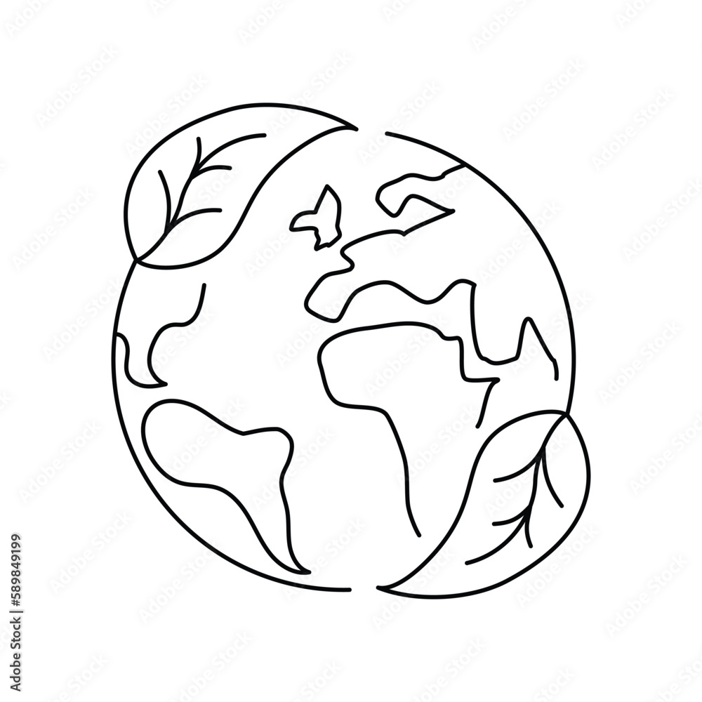 Vector linear icon - planet Earth with leaves isolated on white background. Concept emblem or logo design of ecology, nature world protection, eco friendly, green world, recycling. Editable stroke Vector linear icon - planet Earth with leaves isolated on white background. Concept emblem or logo design of ecology, nature world protection, eco friendly, green world, recycling. Editable stroke