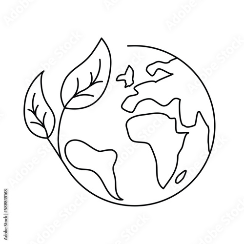 Vector linear icon - planet Earth with leaves isolated on white background. Concept emblem or logo design of ecology, nature world protection, eco friendly, green world, recycling. Editable stroke