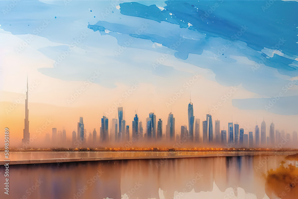 Naklejka premium Panorama of dubai at sunset in the evening, Generative AI.