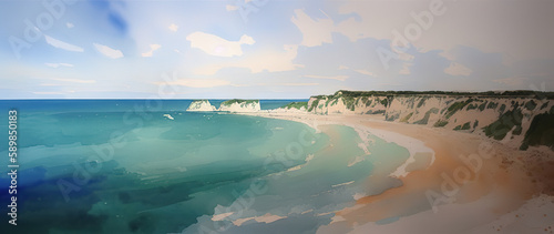 Panorama in France alabaster coast Normandy, Landscape Beach, Generative AI