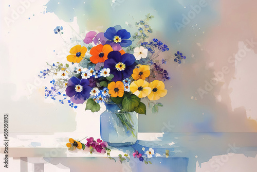 Classic bouquet of flowers in a glass vase, still life, imitation watercolor painting, Generative AI.