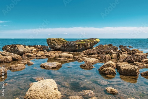 Scenic shot of a rocky beach with crystal clear water and a huge mossy boulder against the skyline