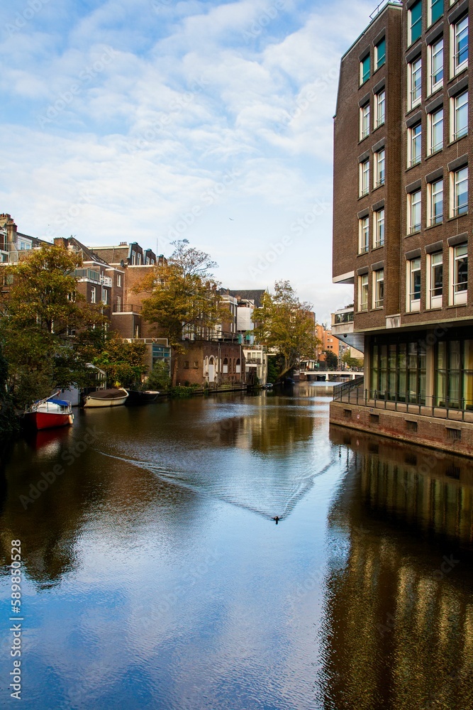 Vertical of Nieuwe Herengracht canal buildings and trees around, Netherlands