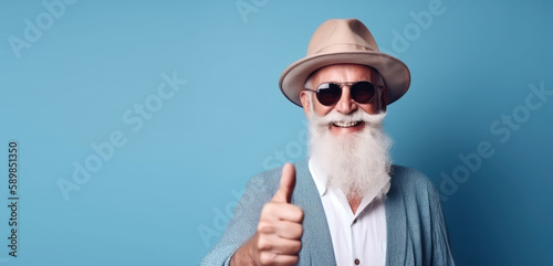 Portrait of happy senior man in fashion clothes looking at camera and smiling. Mid-aged, gray-haired senior shows thumbs up isolated on flat blue background with copy space. Generative AI