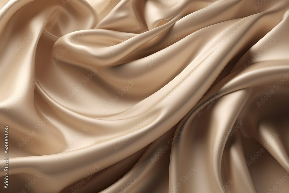 Fototapeta premium Beige color silk. Luxury satin. Elegant background for design. Creases in fabric. Shiny smooth silky surface. Generative AI.