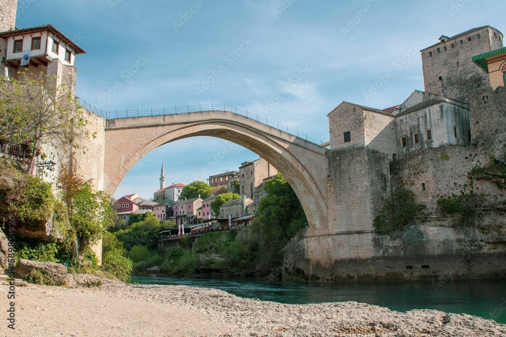 Beautiful architecture of Mostar Old Bridge on river Neretva in Bosnia and Herzegovina