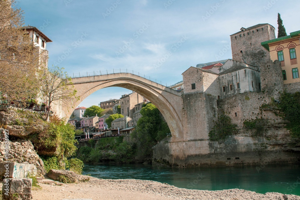 Beautiful architecture of Mostar Old Bridge on river Neretva in Bosnia and Herzegovina