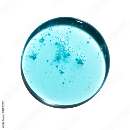 Texture swatch of blue hyaluronic acid serum gel on white isolated background, macro. Detergent, cosmetics, laboratory. A round drop in a petri dish photo