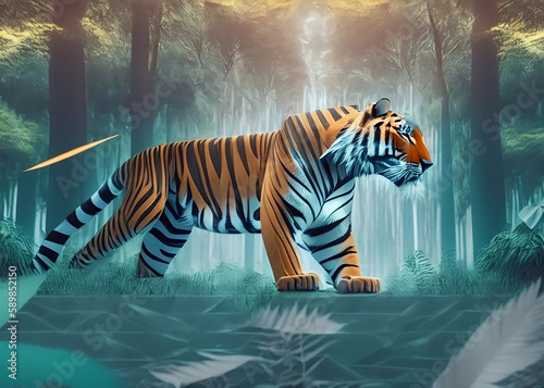 Saber-toothed tiger rendered in a geometric style set against a surreal forest background. Generative AI