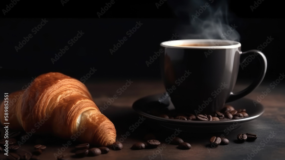 Cup of fresh coffee and croissant. Black background. Generative AI Cup of fresh coffee and croissant. Black background. Generative AI