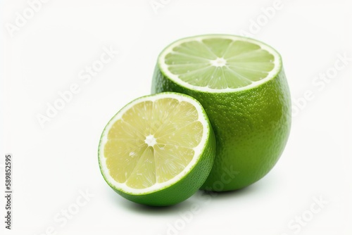 Green lime with cut in half and slices isolated on white background, Generative AI.