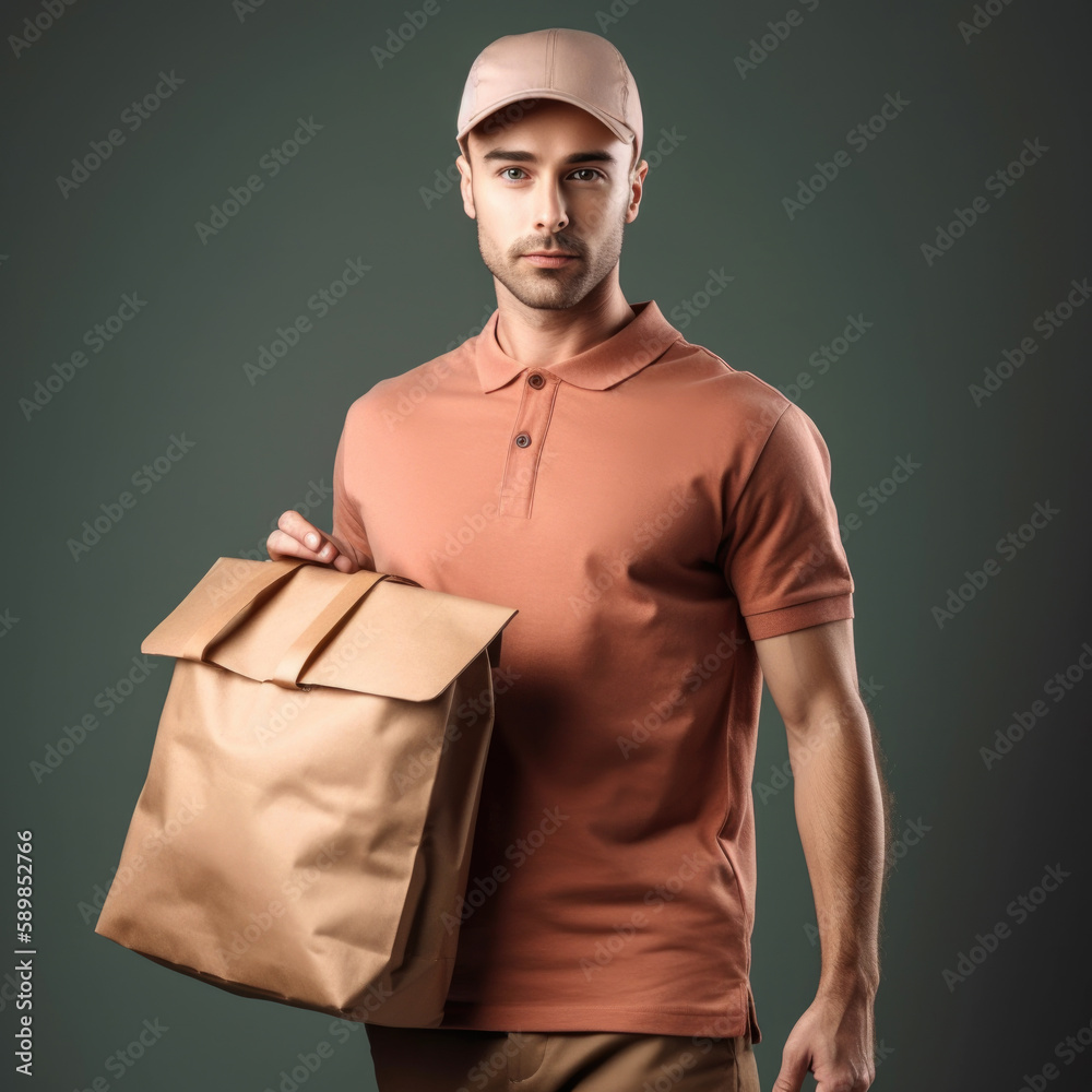 Delivery man delivering holding parcel box to customer. Generative AI. Delivery man delivering holding parcel box to customer. Generative AI.