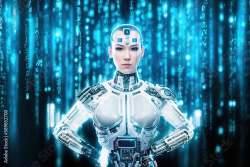 Android in matrix space. Artificial intelligence in a female form. Generative AI.