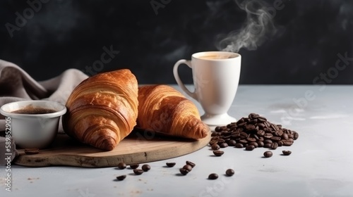 Morning cup of coffee and fresh croissant. Generative AI