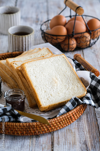 sliced toast loaf white bread, roti tawar, shokupan in rattan basket