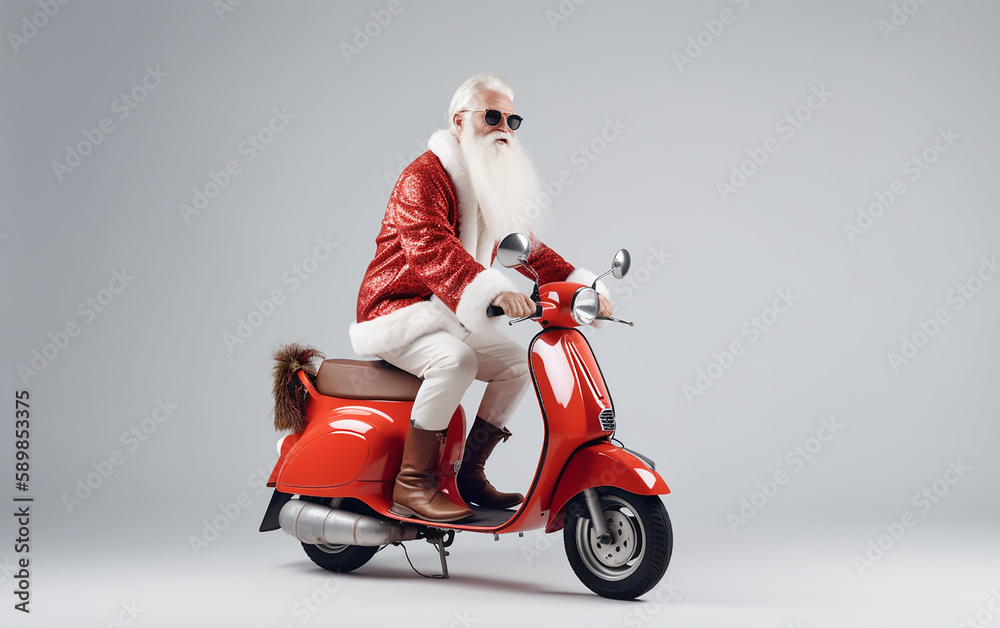 Santa Claus in stylish attire cruises on a red scooter, blending tradition with today's trends. Santa Claus in stylish attire cruises on a red scooter, blending tradition with today's trends.