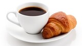 Cup of fresh coffee and croissant. White background. Generative AI