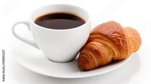 Cup of fresh coffee and croissant. White background. Generative AI