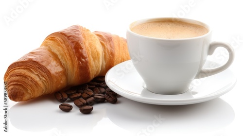 Cup of coffee and fresh croissant. White background. Generative AI
