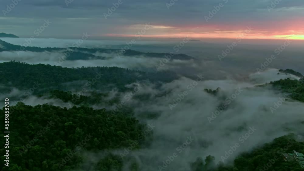 Aerial of mountains covered in fog at sunset in Mashpi biodiversity reserve, Ecuador. Aerial of mountains covered in fog at sunset in Mashpi biodiversity reserve, Ecuador.