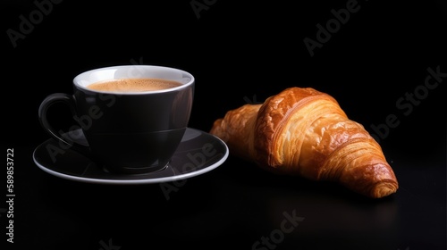 Cup of fresh coffee and croissant. Black background. Generative AI