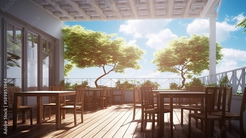 Table corner on wooden terrace, vintage solid wood furniture with mountain and river at resort. Generative Ai.
