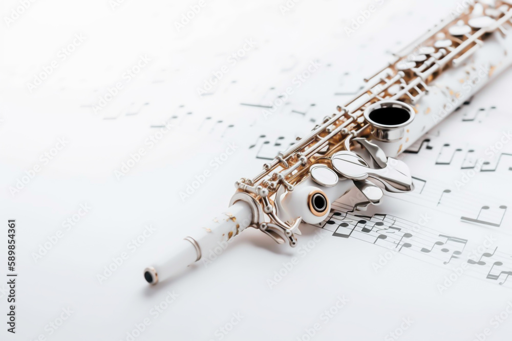 Fototapeta premium Illustration of a clarinet in notes and white background, generative ai