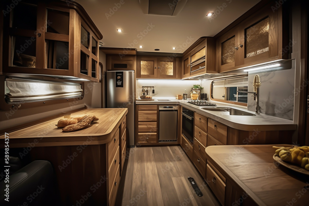 Cozy kitchen interior in the trailer of mobile home, generative ai Cozy kitchen interior in the trailer of mobile home, generative ai