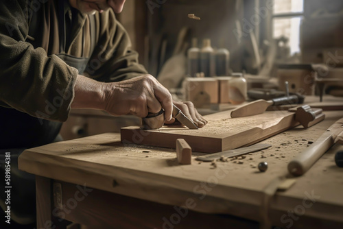 Carpenter working on woodworking machines in carpentry shop. A man works in a carpentry shop