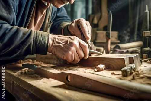 Carpenter working on woodworking machines in carpentry shop. A man works in a carpentry shop