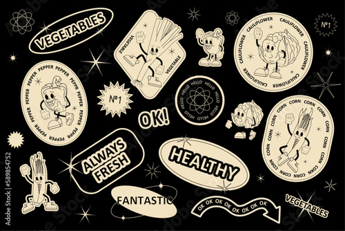 a network of monochrome stickers with retro-style vegetables on a black background.