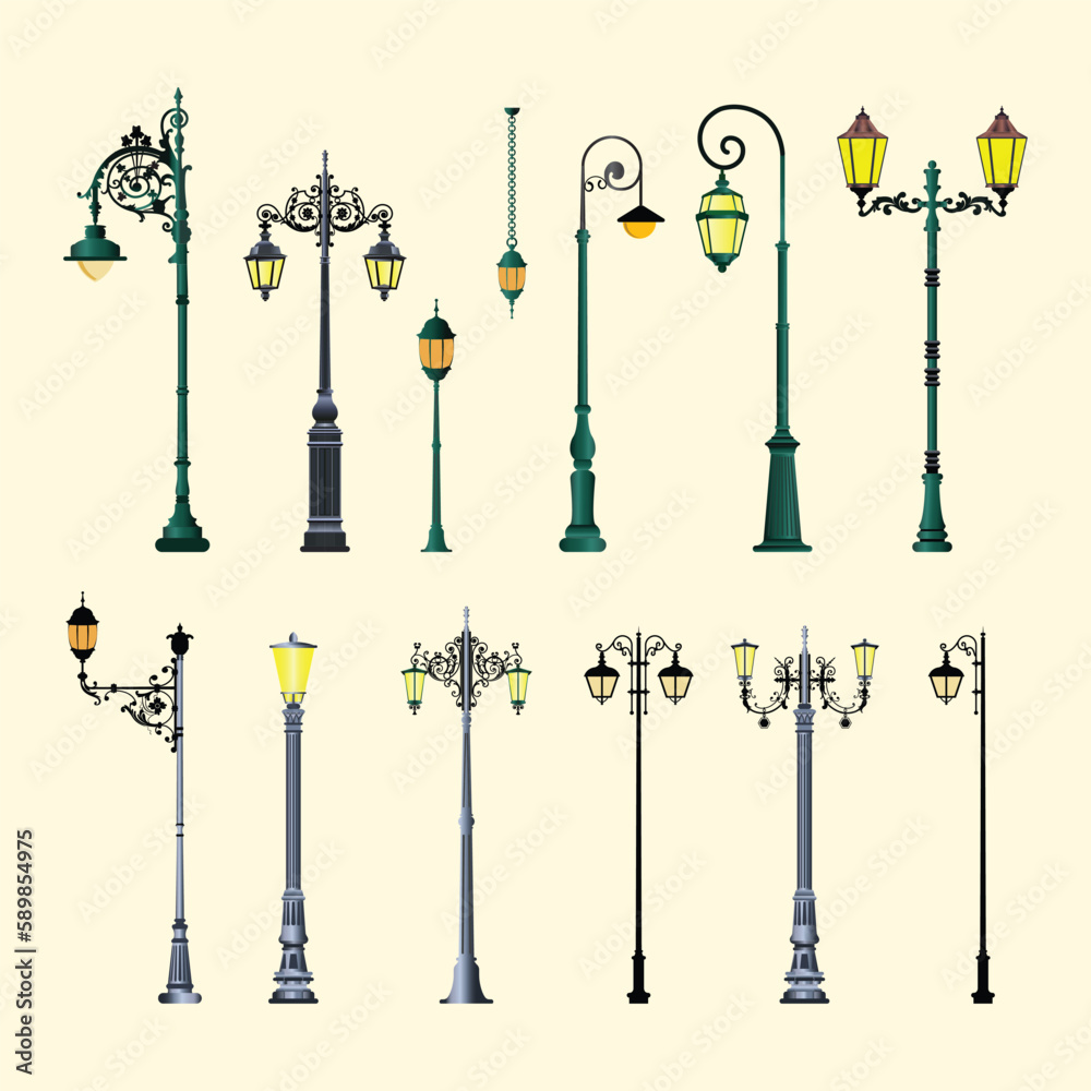 Set of realistic street light. Street lamp. Vintage lamp - obrazy, fototapety, plakaty 