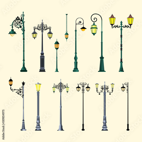 Set of realistic street light. Street lamp. Vintage lamp