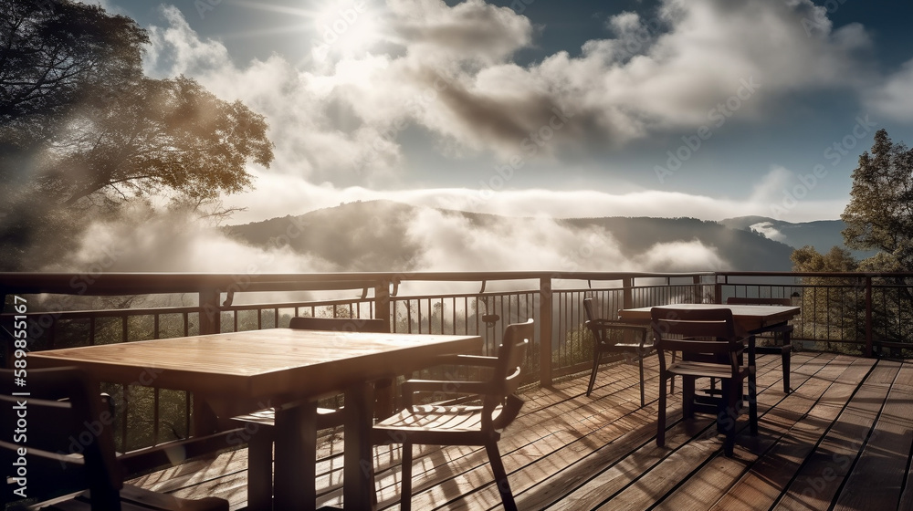 Naklejka premium Restaurant balcony corner mountain view thick foggy clouds. Generative Ai.