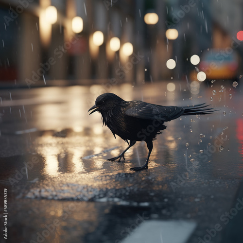  Refreshing Moment: A Bird Cools Off in a City Puddle. Generative ai.