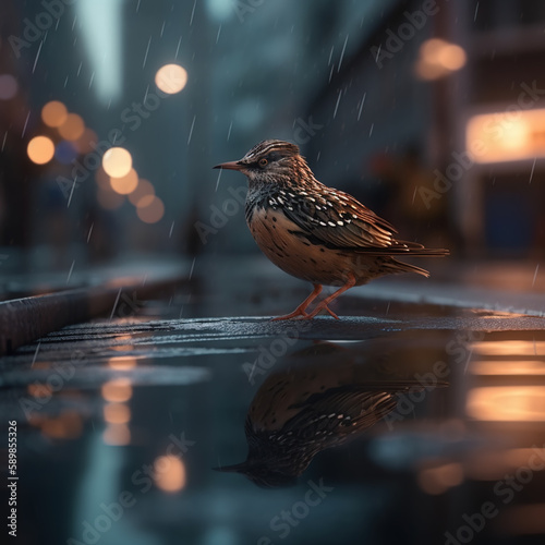 Rainy Day Fun: A Bird Enjoys a Splash in the City Streets. Generative ai.