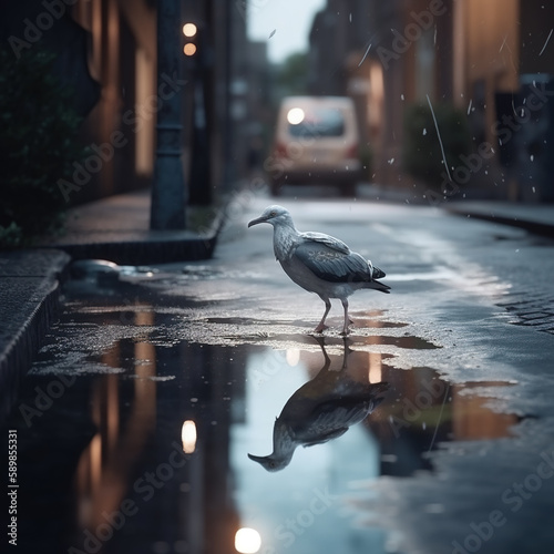 Nature in the City: A Bird Finds Happiness in a Rainy Puddle. Generative ai.