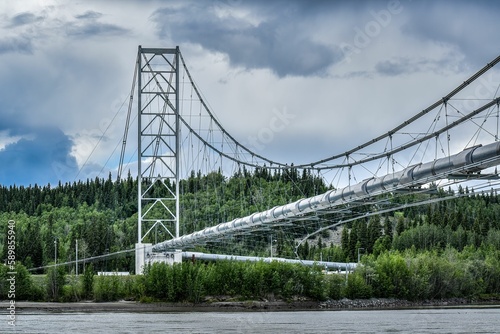 Scenic shot of a pipeline bridge over the Tanana river surrounded by a tall green tree forest