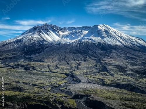 Breathtaking view of the active stratovolcano and snowy Mount Saint Helens, located in Washington