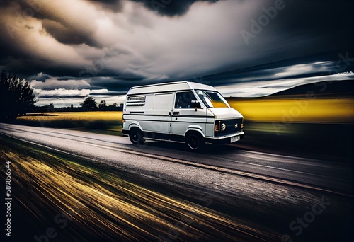 Speeding van delivers along rural road. Generative AI