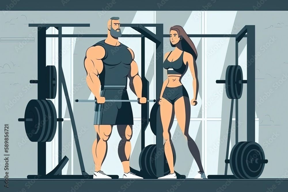 Fototapeta premium Sporty woman and bodybuilder training at fitness center together, illustration generative AI
