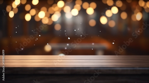 Bokeh background image foreground of an old wooden table  out of focus  ready for editing for product display. generative ai.