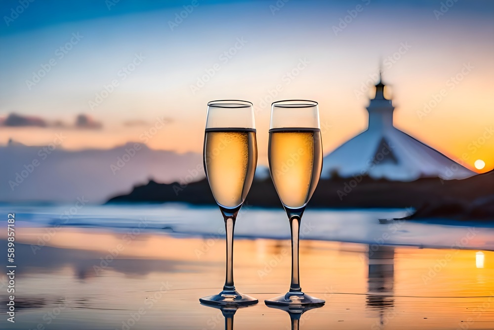 glass of champagne on sunset background
