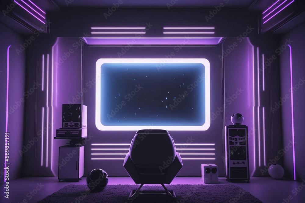 Recording studio with neon lights in projection. Generative AI. Recording studio with neon lights in projection. Generative AI.