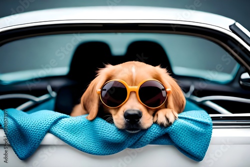 dog in car with sunglasses