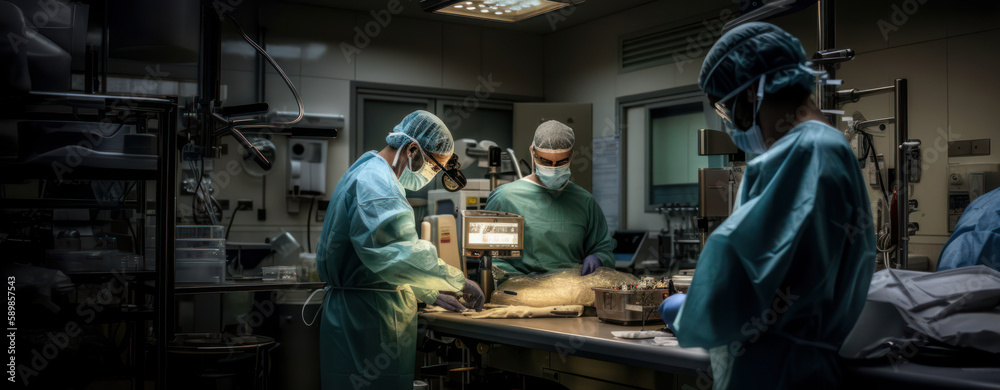 Focused surgeon in a sterile operating room, ready to make precise incisions. Surgical team stands by, highlighting the precision and skill required of a surgeon to save lives. Generative AI Focused surgeon in a sterile operating room, ready to make precise incisions. Surgical team stands by, highlighting the precision and skill required of a surgeon to save lives. Generative AI