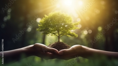 Earth Day In the hands of trees growing, with bokeh and nature background. Generative AI.