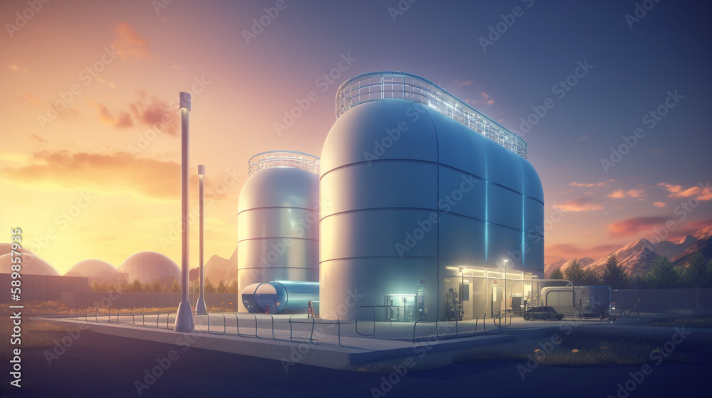 Hydrogen production from renewable energy sources, Hydrogen fuel station at sunset. AI Generative.