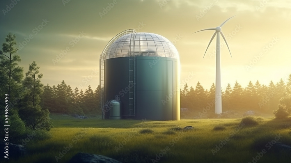 New energy sources, hydrogen power station with green grass field.Generative Ai.